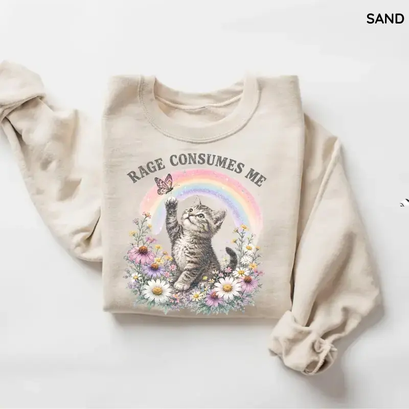 Vintage Rage Consumes Me Sweatshirt, Funny Cat Graphic Crewneck, Ironic Meme Pullover, Floral Kitten Rainbow Top, Sarcastic Animal Lover Gift
