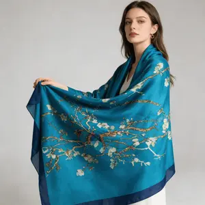 Women's Apricot Blossom Printed Scarf - Turquoise Oversized Long Shawl, Luxurious Satin Fabric, Artistic and Fashionable Accessory for Autumn and Winter, Versatile for Daily and Evening Outfits（thin）