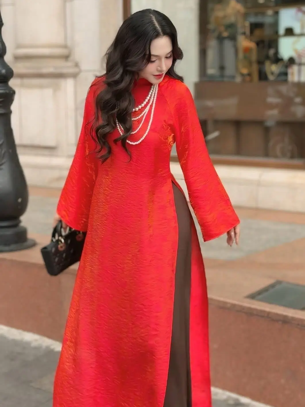 Red Silk Áo Dài - Traditional Vietnamese Dress for Women | Wedding Guest Gown & Cultural Heritage Photo Suit