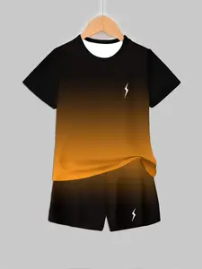 Kids Black and Orange Gradient Lightning Print Casual Set Youth Kits, Short Sleeve T-Shirt and Shorts Two-Piece