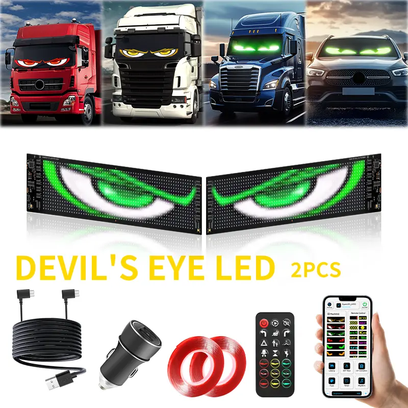 2PCS Devil Eyes LED Light Sign - 4.72"x23.43", 16x96px Animated Scrolling Display, APP Remote Control, Universal Car Accessories, Car Decorations, Automotive Decorative Accessories, Vehicle Decoration, Eye Lights for Trucks