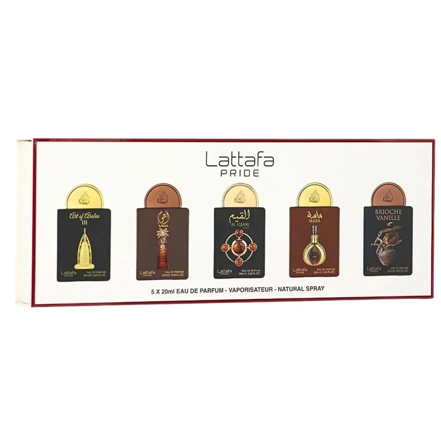 Lattafa Pride Discovery Set 3 - Unisex Luxury Fragrance Multi-Pack, 5x20ml Liquid Eau De Parfum Sprays (Art of Arabia III, Ajwaa, Al Qiam Gold, Masa, Brioche Vanille) - Purse-Sized for Adults, Travel Gifting