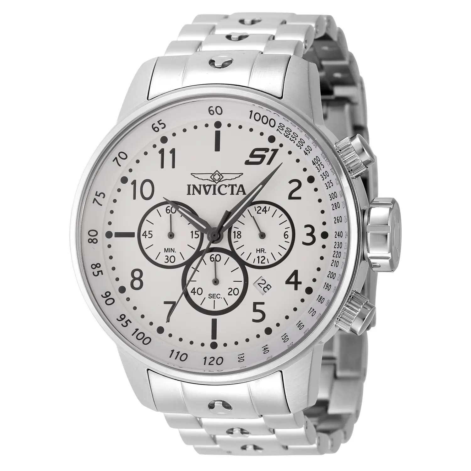 Invicta Men's S1 Rally Stainless Steel Pilot Chronograph Watch, 48mm Cream Dial, Anti-Scratch Quartz Movement with 100m Aqua Resist, Anti-Scratch Quartz Watches, Aqua Resist Quartz Watches