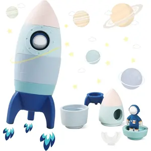 Silicone Rocket Stacking Toy - Space Rocket Toy - Baby Teething Toys -Early Learning Stacking Tower Educational Learning Stacking Toys Nesting Toy  Early Educational  Infants (Blue)