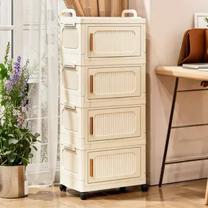 4-Tier Foldable Slender Storage Bin with Lid, Stackable Rolling Storage Box with Wheels, Large Capacity 23QT Waterproof Modular Organizer, Slim Narrow Space Storage Container for Bedroom Kitchen Bathroom Dorm Home