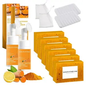[TURMERIC&KOJIC]Turmeric Wash and Care tow Piece Set, Tuemeric Facial Cleanser & Turmeric Soap Combo, Turmeric Cleansing Mousse, Face Wash and Soap Bundle for Face & Body Deep Cleansing (2pc Turmeric Wash+6pc Soaps) Gifts for family