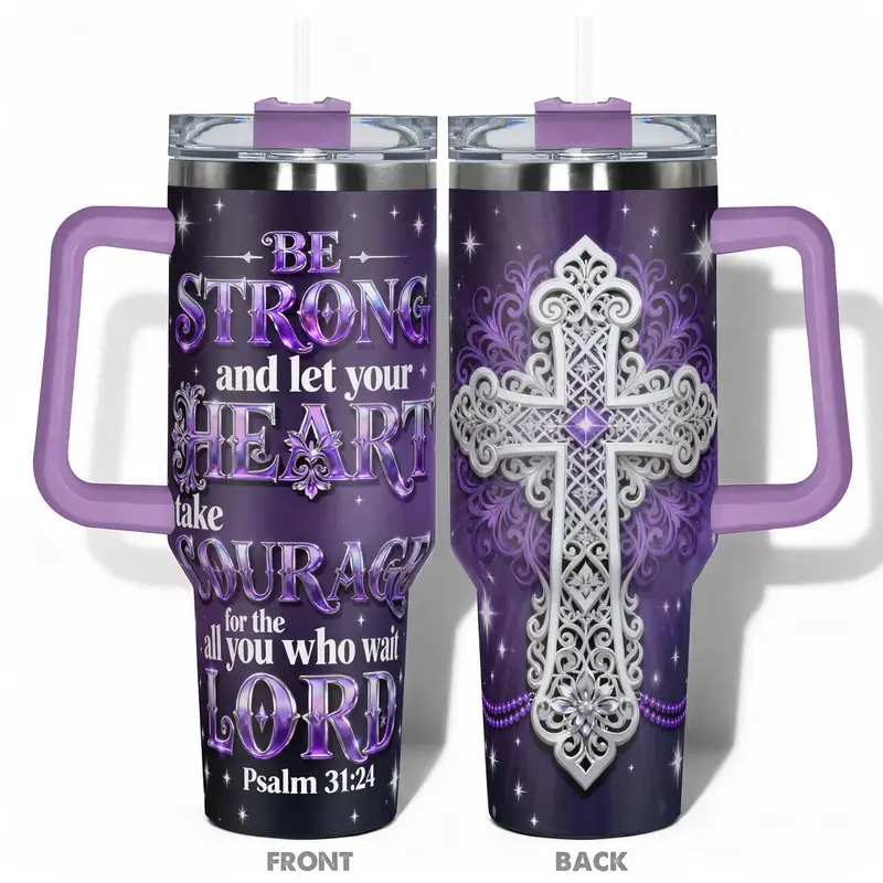 40oz Insulated Stainless Steel Christian Water Bottle - Psalm 31:24 Be Strong Verse, Purple Ornate Silver Cross Print, Portable Wide Mouth Reusable Drinkware with Handle, Lid, Straw, Women's Faith Gift, Bottles, Water Bottles