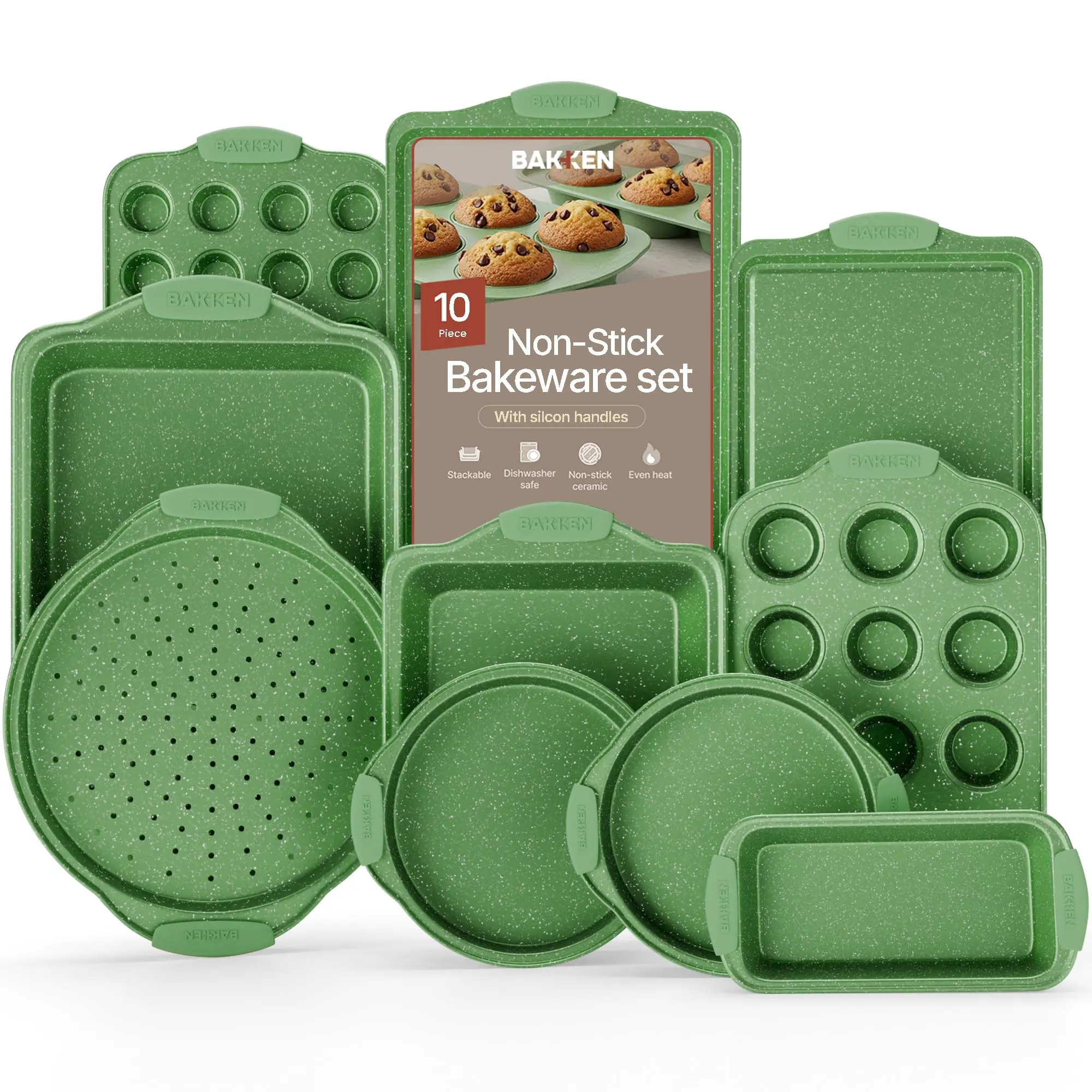 BAKKEN 10-Piece Non-Stick Coating Baking Sets, Carbon Steel Kitchen Bakeware with Green Marble Coating & Heat-Resistant Green Silicone Handles, Food Grade PFOA/PFOS/PTFE-Free Oven Safe (Up To 450°F) Kitchen Essentials