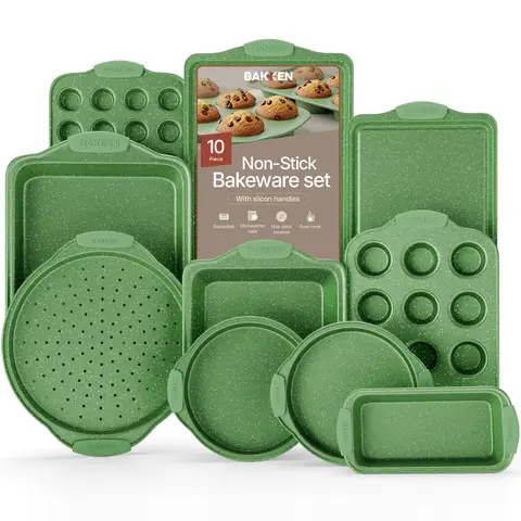 BAKKEN 10-Piece Nonstick Carbon Steel Baking Set - Green Marble Coating, Heat-Resistant Green Silicone Handles, Food-Grade, PFOA/PFOS-Free, 450°F Safe, Square & Round Pans, Kitchen Essential Bakeware Supplies