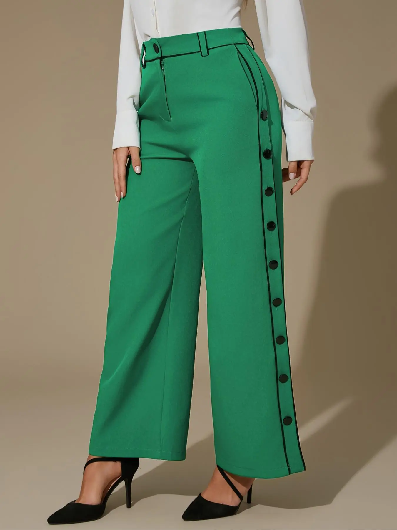 New Women's Fashion High Waist Fitted Wide Leg Woven Fabric Pants, Womenswear, Colorblock Design, Adjustable Side Slit, Elegant Commuter Street Style, No Belt Included, Bottom