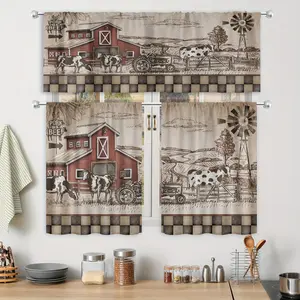 2 Panels Farmhouse Cow Kitchen Curtains Tiers Rod Pocket Vintage Country Farm Animal Western Kitchen Decor Rustic Sketch Windmill Small Living Room Window Home Decor set inganchos custom drapery doble layer darkening floral print ruffle boho cortina forro