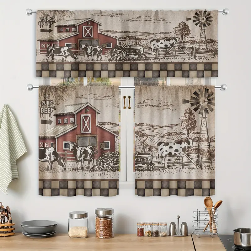 Farmhouse Window Curtains - 2-Panel Rod Pocket Ruffle Tier Drapes, Vintage Floral & Cow Windmill Country Scene Design, Light Filtering Double-Layer Lined Polyester Home Interiors Decoration for Kitchen, Small Living Room Windows