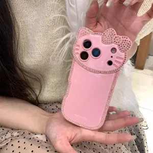 Macaron Diamond Cat Lens Phone Case Cover For iPhone 14 15 16 17 Pro Max Acrylic Back with Rhinestones, Korean-Style Cat Girl Trend Case