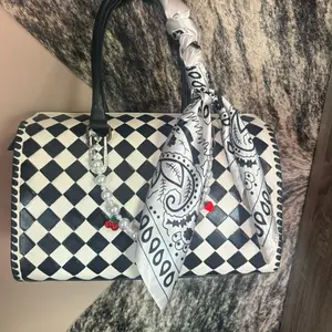 Large Checkered Speedy Bag with Pearl Accents and Bandana Detail
