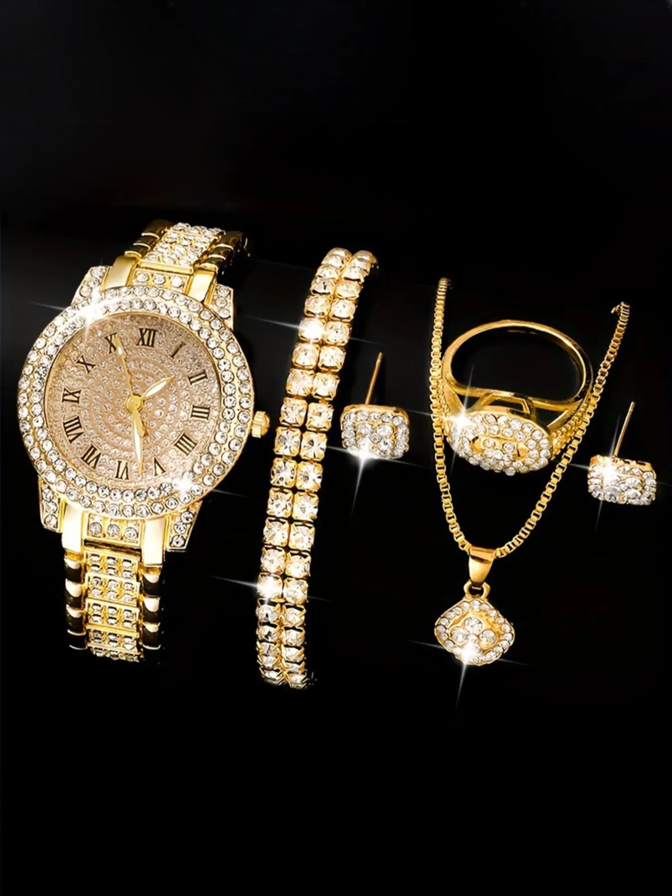Women's Elegant Fashion Rhinestone Decorated Quartz Watch & Jewelry Set, Including Rhinestone Decorated Watch & Ring & Stud Earrings & Pendant Necklace & Bracelet, Fashion Luxury Watch Set Without Box