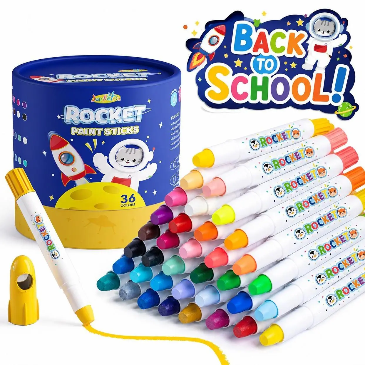 JUPITEARTH Jumbo Rocket-Shaped Silky Crayons for Toddlers - Unisex Twist-up Clean Art Painting Kit, Easy-Grip Gouache Sticks, Non-Toxic Washable Oil Pastels, Pastel-Neon Mix, 120 PDF Pages, Back to School Office Stationery, Birthday Gift