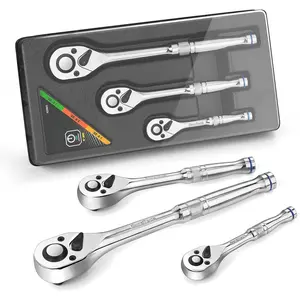 3- Ratchet Set, 1/4", 3/8", 1/2", 72- with Quick-Release Reversible Design, Chrome Alloy Made, Fully Polished, Organized in Storage Case