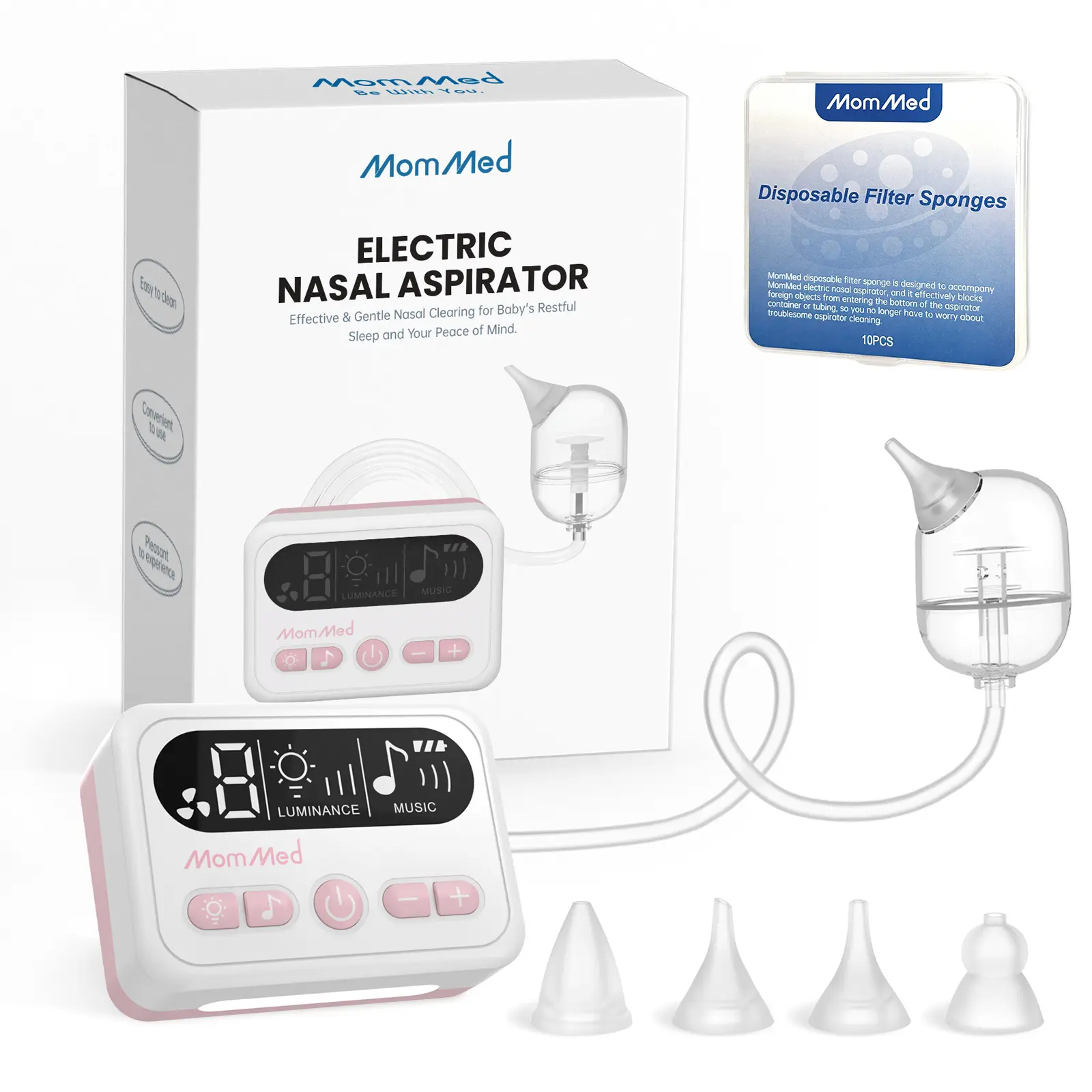 MomMed Portable Electric Baby Nasal Aspirator for Newborns (0-3 Months) - 9 Adjustable Suction Levels, Music and Light, Built-In Light, 4 Silicone Tips for Infants