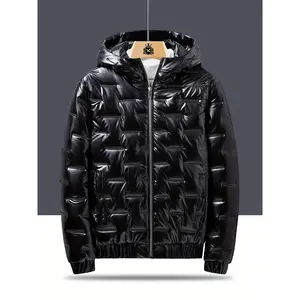 Men's Sleek Black Windproof Hooded Jacket - Warm, Thick Insulated Outdoor Coat with Quilted Design & Ribbed Cuffs for Casual Winter Wear, Winter Coat