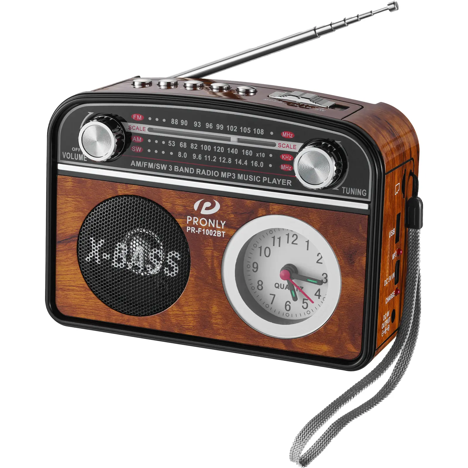 PRONLY Portable AM/FM Radio with Bluetooth Vintage Style Emergency Radio with Clock Flashlight Battery Powered USB TF Playback for Camping Backup Use Rechargeable Audio Player