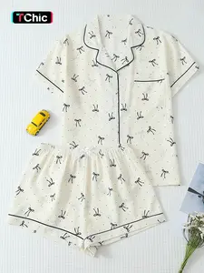 Women's Sleepwear Set Pajama Mini Dot Bow Print Cute Sweet Lapel Short Sleeve Top and Shorts Casual Home Wear, Fitted Striped Pattern, Womenswear, Feminine