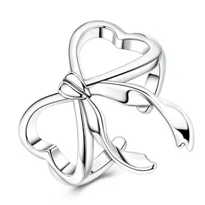 MULA Women's Bow Open Ring, S925 Silver-plated Plated Adjustable Minimalist Heart Ring, Exquisite Geometric Lines, a lovely gift for girls and women.