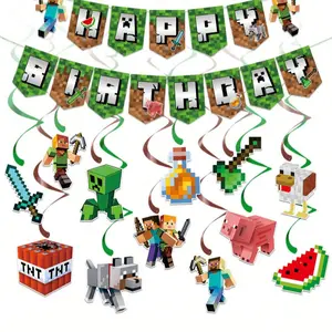 Pixel Art Game Theme Birthday Party Banner Set, Spiral Hanging Decorations, Wall & Background Decoration, Holiday Party Supplies, Party Decorations Banners