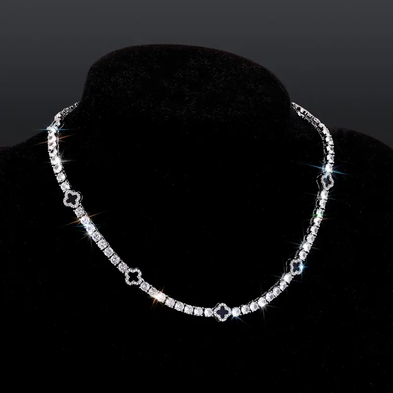 HELLOICE Iced Out Tennis Chain with Black Four Leaf Clover 18K Gold Plated 5A CZ Chain Gold Statement Necklace Jewelry Necklace