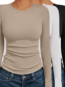 Women's Slim-Fit Knitted Ribbed Long Sleeve Round Neck T-Shirt, Knitwear, Casual Wear for All Seasons, Daily & Layering Essentials