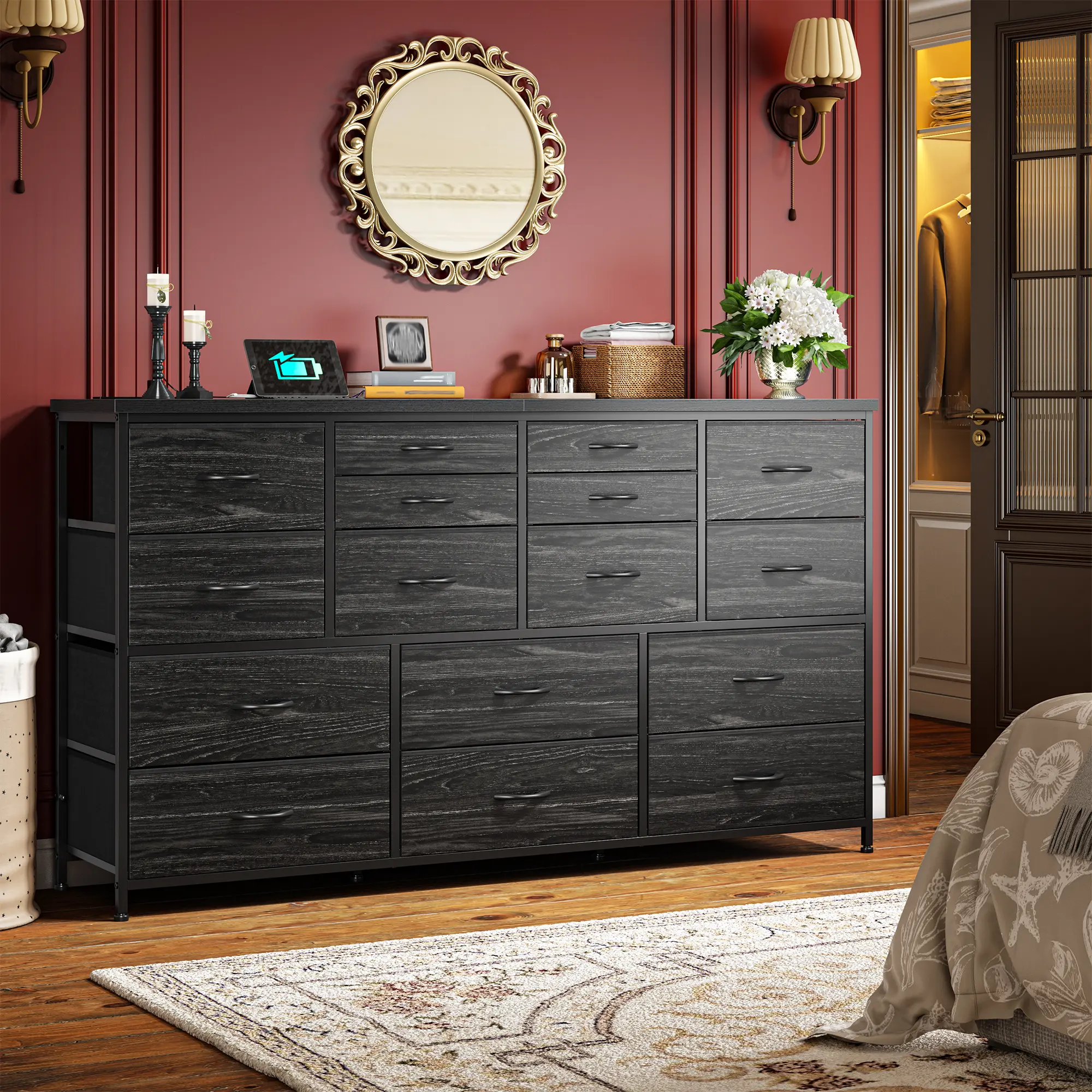 Raybee Dressser with 16 Drawers, TV Stand for Bedroom for 60" TV, Long Dressers & Chests of Drawers, Large Dresser with Charging Station, 51.1" W*11.8" D*34.8" H, Modern Storage Cabinet, Storage Sideboard, Tv Cabinet Storage