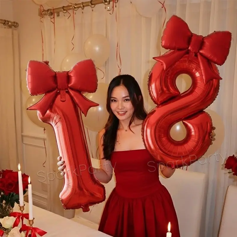 2pcs/set Birthday Party Balloon Decoration, 32inch Number Balloons 0-9, 21inch Matte Bow Balloons for Birthdays & Anniversaries, Balloon Arch, Party Balloons Decorations