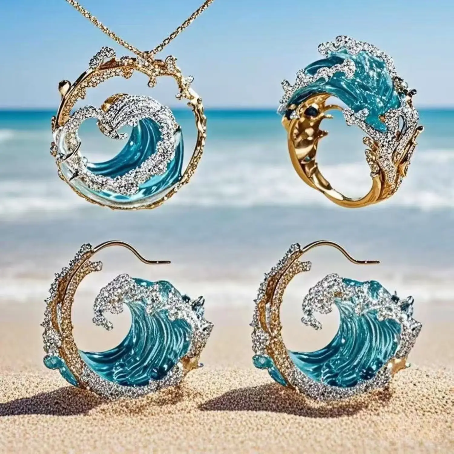 Funky Fashion Jewelry Set, Sky Blue Wave Resin Decorative Silver Necklace & Versatile Ring, Holiday-Style Jewellery Gift Set for Sports & Outdoor Accessory Enthusiasts, Jewelry Gift Set, Ocean-Wave Inspired Style
