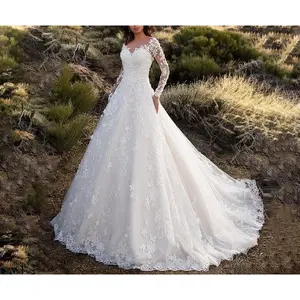 Women's Long Sleeve Sheer Lace Bridal Wedding Dress