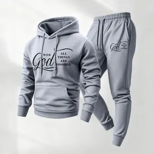 Men's God Printed Hoodie and Drawstring Sweatpants Set, Menswear, Casual Athletic Long Sleeve Hooded Jacket & Trousers for Fall & Winter, Men's Clothing for Daily Wear, Sportswear Indoor Outdoor, Tracksuit, Athleisure Summer Clothes