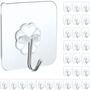 30 Packs Wall Hooks for Hanging Heavy Duty 22lb(Max),  Transparent Self Adhesive Hooks Wall Hangers Sticky Hooks for Door Bathroom Shower Kitchen Outdoor Utility Hooks Hanger