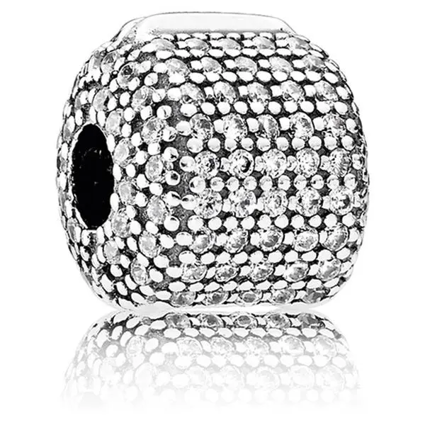 Pandora Sparkle Pave Barrel Clip Charm - 791873CZ, Cubic Zirconia, Hand-Finished, Bejeweled Style, 925 Sterling Silver Charms & Pendants