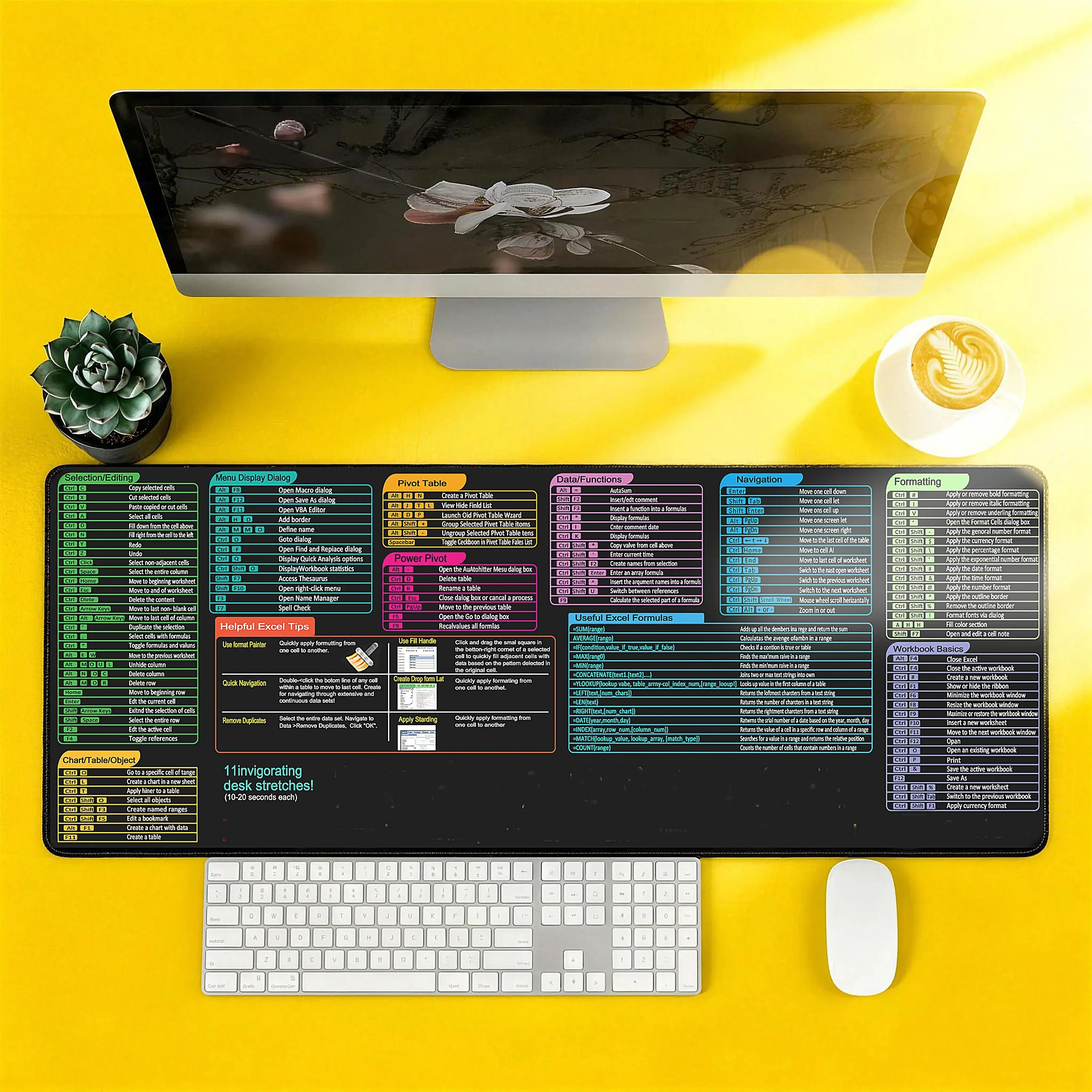 Excel Shortcut Keyboard Theme Extended Gaming Mouse Pad - Large Office Accessories Desk Mat with Stitched Edges, Non-Slip Base, Extended Space, Desk Accessory for Office, Gaming Use Non Slip Mousepad Desk Matt