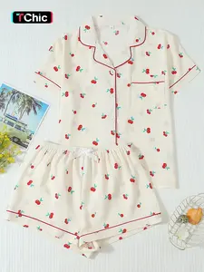 Cherry Print Women's Pajama Set, Sweet Collared Short Sleeve Top with Pockets, Bow Shorts, Casual Home Wear, Comfortable Sleepwear
