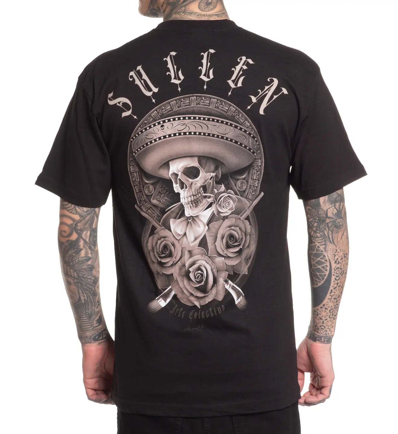 Sullen Clothing Sicarios Standard Tshirt Menswear Cotton Jersey Tee with Roses & Mariachi Skull Design Cultural Streetwear Top