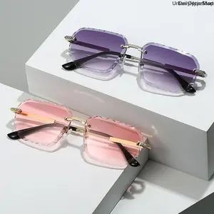 Women's 2-Pack Rimless Square Metal Sunglasses - UV400 Protection, Fashionable Frames, Purple & Pink Shades, Trendy Sunglasses for Beach, Travel, Fashionable Frames Sunglasses