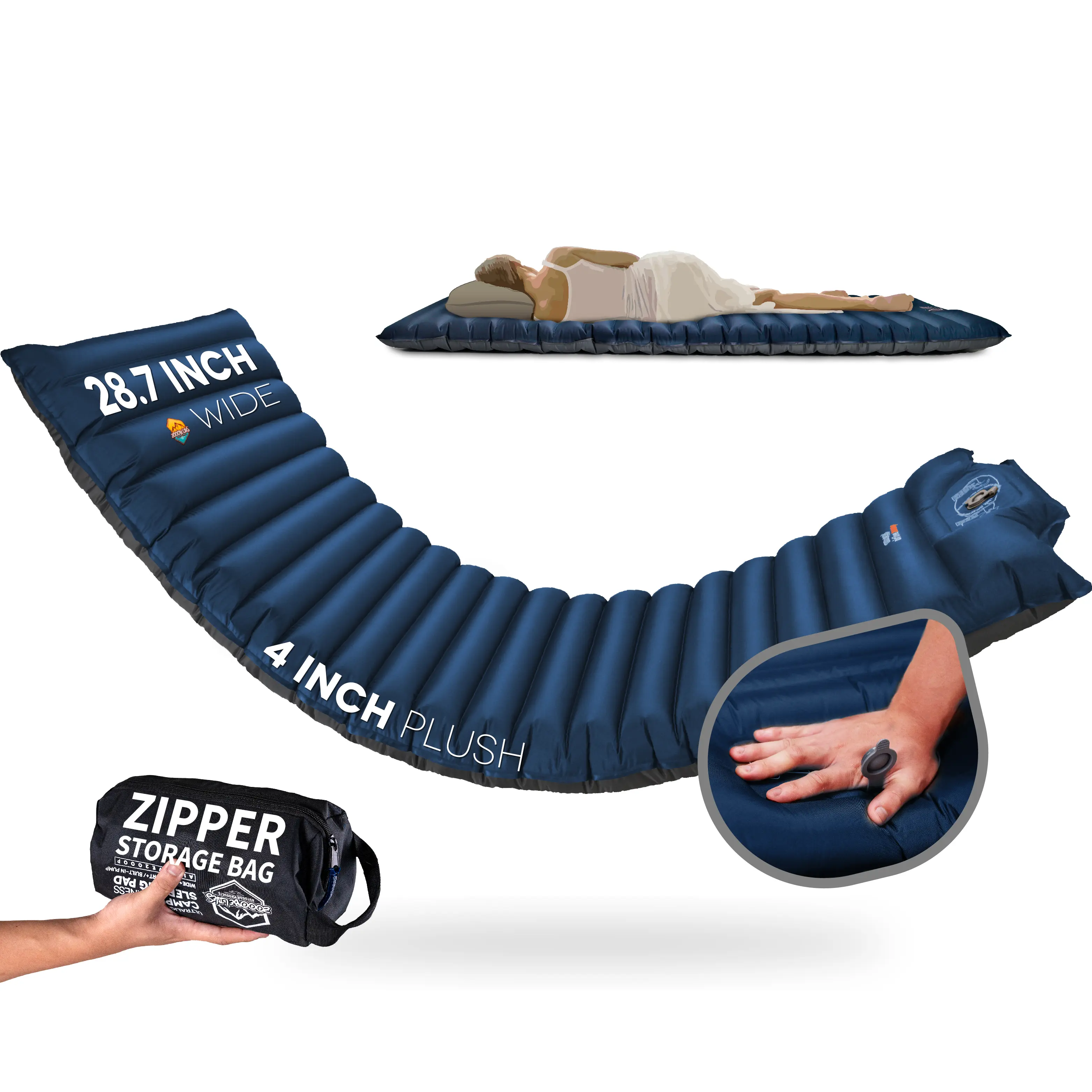 ZOOOBELIVES Inflatable Sleeping Pad, 4" Thick Extra Wide Mattress with Built-in Pump, 4-Season Plush Support Camp Mat for Car Camping and Backpacking, Roomy Sleep