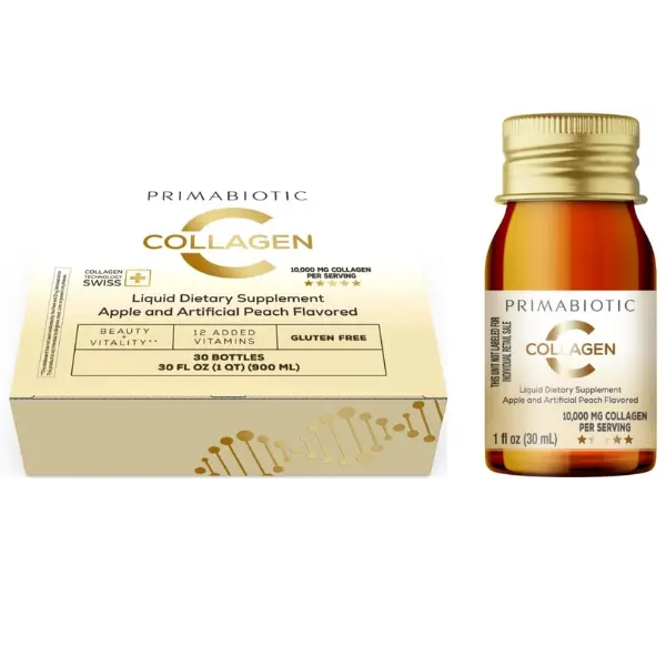 Primabiotic Liquid Collagen - 10,000 Mg of Hydrolyzed Collagen and 12 Vitamins Per Serving - Gluten Free- Pack of 30 Bottles x 30 Ml  Supplement Fitness Beauty Colagen Hair Healthy
