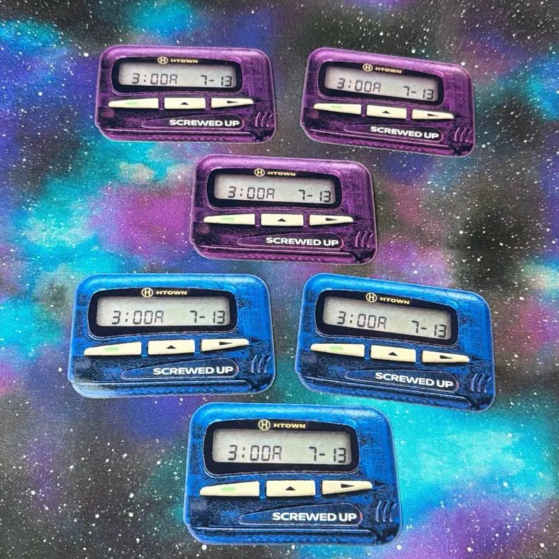 HTown Screwston Pager Sticker – 90s Beeper Edition in Vibrant Purple & Blue Colors with 'Screwed Up' Text Decal Tech Nostalgia