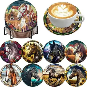 8 pieces/set of diamond art painting coasters with brackets, DIY animal horse pattern diamond art coasters, suitable for both adults and beginners as diamond painting sets, diamond set craft supplies, exquisite gifts for friends