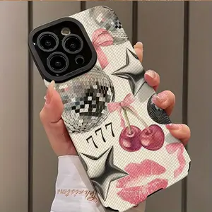 Disco Ball & Cherry Pattern Phone Case, Shockproof Phone Protective Cover, Phone Accessory Compatible with iPhone 16 15 14 13 12 11 Plus Pro Max, Casing, Protector