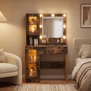 YJ-Garvee Makeup Vanity Desk with Mirror and RGB Lights, Featuring Built-in Charging Station, Wooden Dressing Table for Bedroom, Ideal for Personal Use and Stylish Organization，Rotten wood color