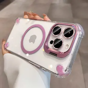 Anti-Shock Camera Metal Stand for iPhone 17/16 Pro Max/15/14+/13/12/11 Pro Max, Transparent Hard PC Protective Case, Aesthetic, Shockproof, Magsafe Wireless Charging Compatible, Smartphone Accessories