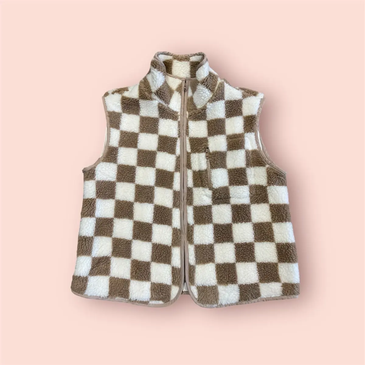 Khaki Checkered Sherpa Collared Jacket Vest vest jacket