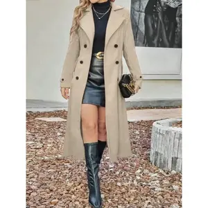 Women’s solid-color lapel long-sleeve casual fashion wool coat, fall/winter longline double-breasted overcoat, ladies outerwear — gift