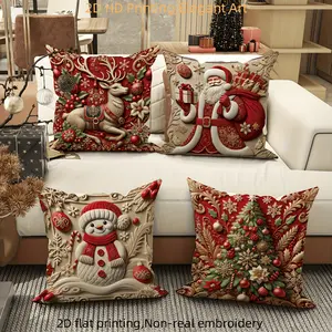 Luxury Christmas Pillow Covers 4pcs Santa Reindeer Snowman Floral Tree Red Gold Polyester 2D Print No Insert Festive Home Decor Living Room Holiday Accessories Sofa Cushion Cover